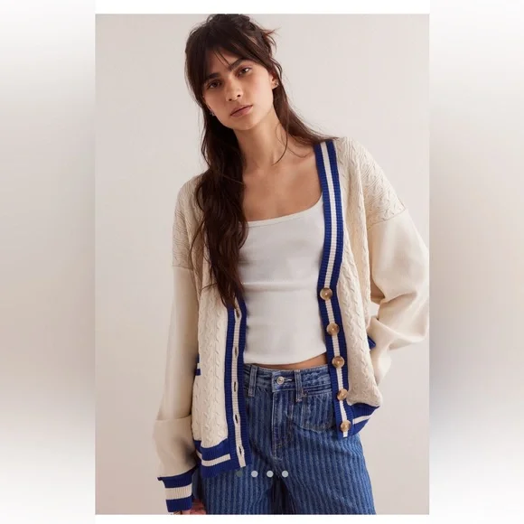 Free People Cream and Blue Cardigan - Picture 4 of 13
